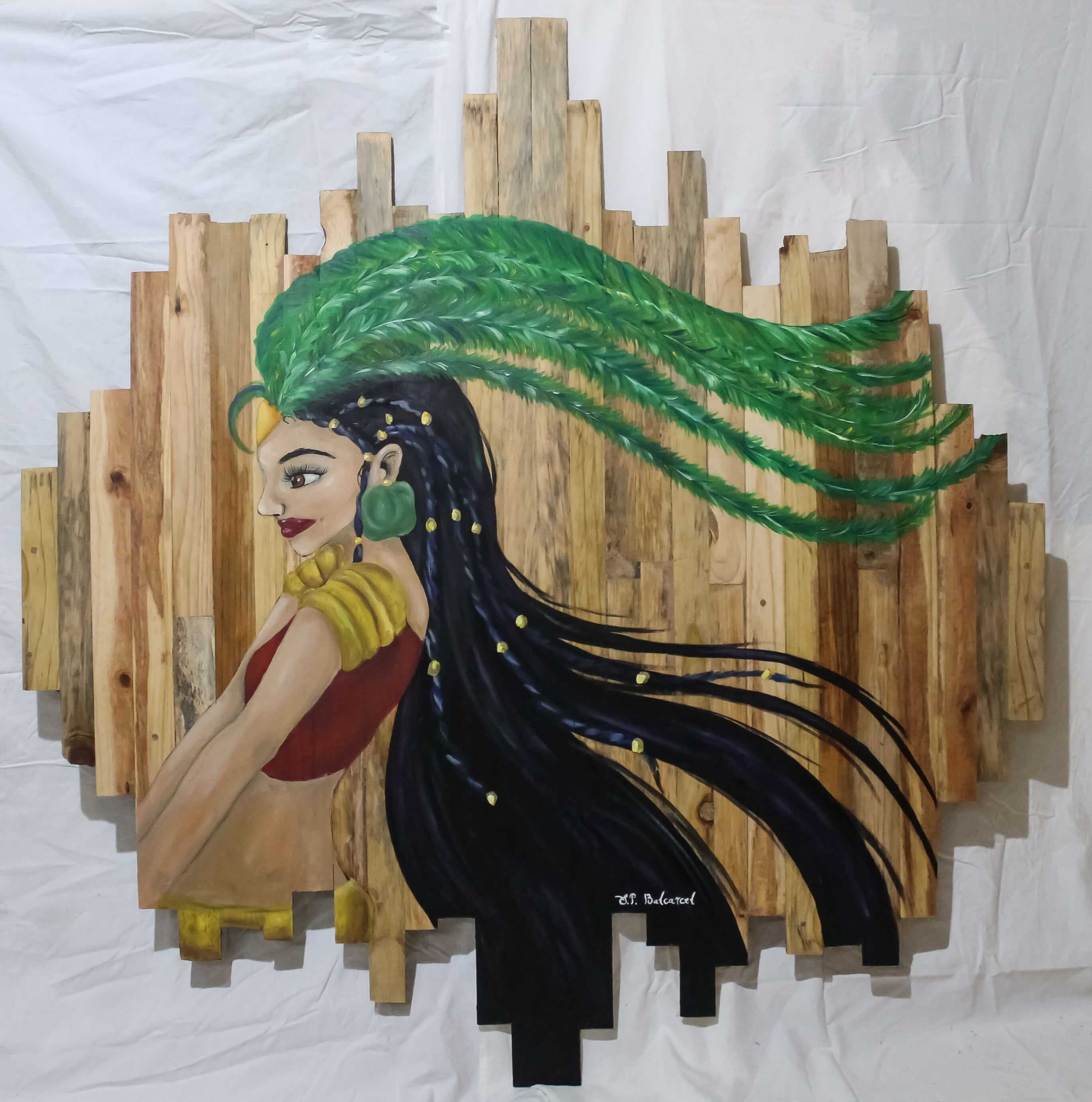 Obra de arte: Quetzali por S.P. Balcarcel. Estilo: Fantástico. Técnica: Oleo y Acrílico sobre madera